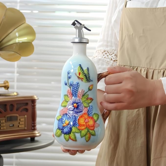 18.26oz/540ml Decorative Olive Oil Dispenser Bottle for Kitchen,Hand Painted Relief Ceramic Olive Oil Bottle,Ceramic Oil Container (B-Butterfly Love Flower)