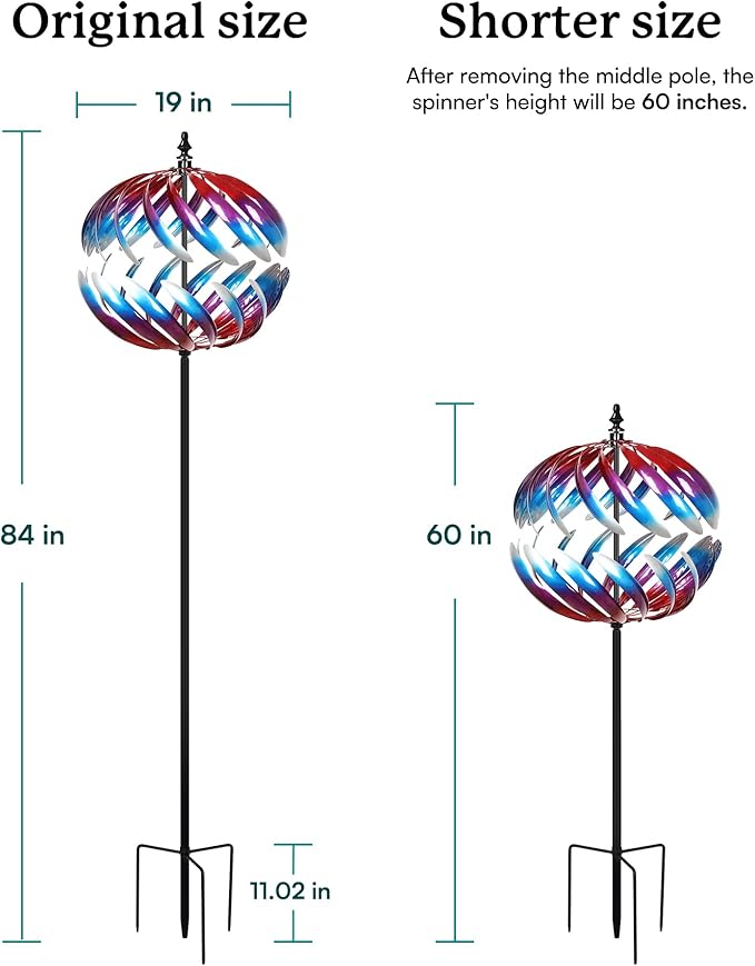 Yard Garden Wind Spinners - Large Outdoor Metal Wind Spinners Sculptures, Yard Art Lawn Garden Decor (19" W x 84" H)