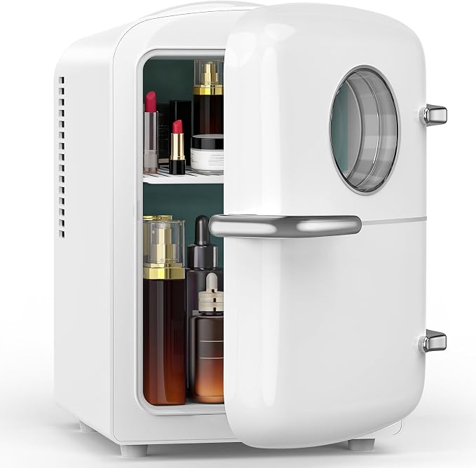 Electactic Mini Fridge for Skincare, 4L/6 Cans Small Cosmetic Fridge for Makeup & Drink, With Observation Window, Portable Desk Fridge Cooler and Warmer for Kids, Bedroom, Countertop, White