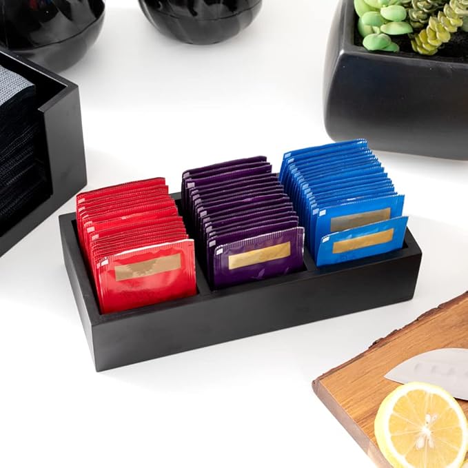 Restaurantware-9.5 x 4.25 x 2 Inch Coffee Condiment Organizer, 1 Rectangle Creamer Organizer - 3 Compartments, Black Bamboo Coffee Accessory Caddy, Won't Chip, For Tea And Sugar Packets