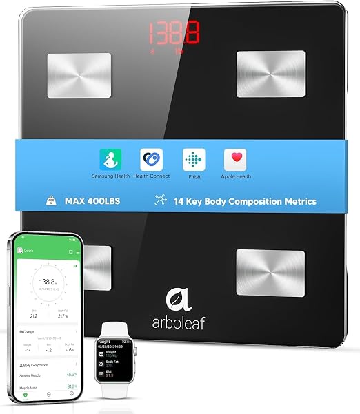 arboleaf Smart Scale for Body Weight and Fat, Bluetooth Digital Bathroom Scale, Body Composition Analyzer with App, 14 Metrics Include BMI, 400lb Capacity(Black) | Bluetooth Digital Bathroom Scale, Body Composition Analyzer with App, 14 Metrics Include...