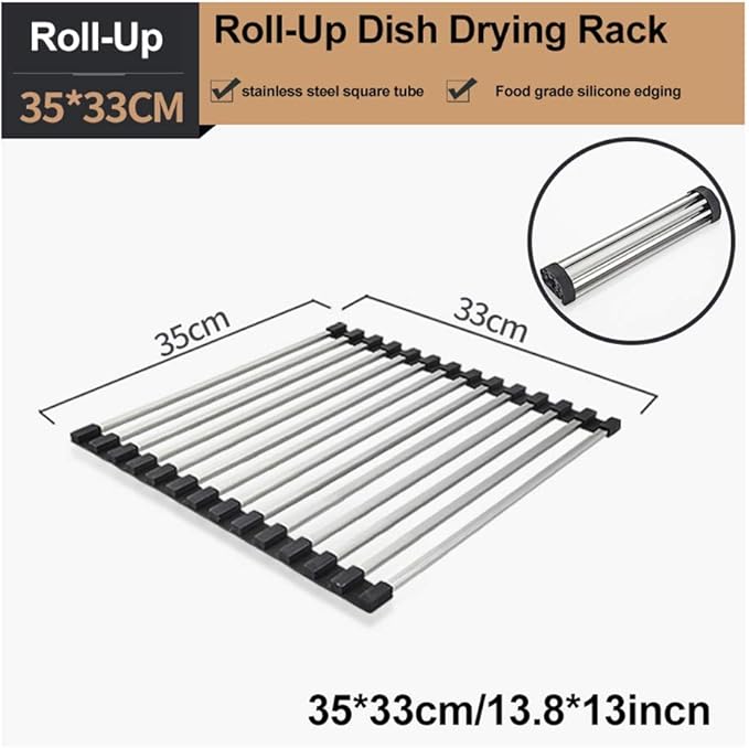 Roll Up Dish Drying Rack Over The Sink Dish Drying Rack Made of Stainless Steel and Silicone Coat Fruit and Vegetable Drying，for Kitchen Sink(35 * 33cm/13.8 * 13inch)