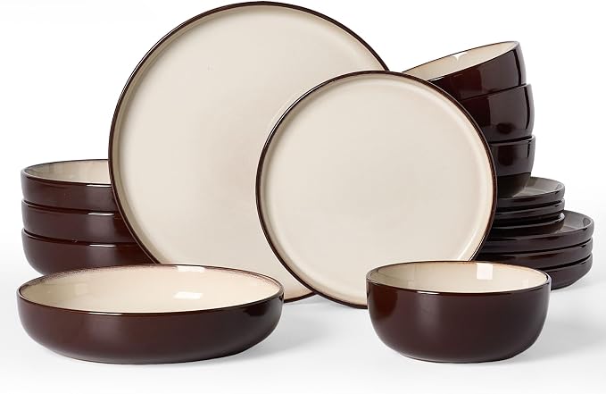 Famiware Milkyway Stoneware Dinnerware Set, 16-Piece, Including Pasta Bowl, Double Reactive Glaze, Plates and Bowls, Service for 4, Microwave and Dishwasher Safe, Light khaki & Cocoa