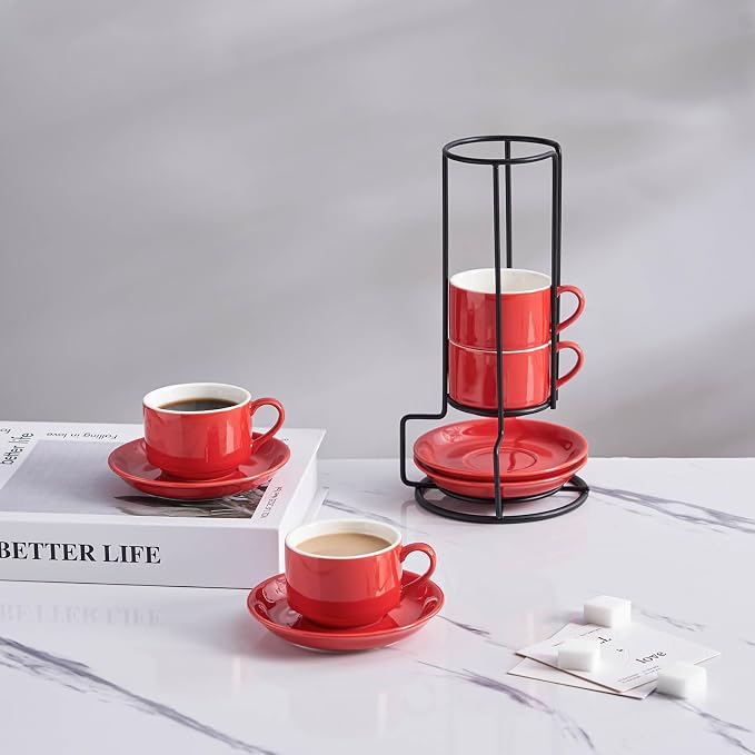 YOLIFE 2.5oz Espresso Cups Set of 4, Porcelain Stackable Espresso Cups, Expresso Shots Cup Set with Saucers and Metal Stand-Red