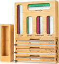 9-in-1 Bamboo Kitchen Drawer Organizer - Storage Bag Holder with Built-In Foil & Wrap Cutter Dispenser - Wooden Food Storage Bag Organizer for Gallon, Quart, Sandwich and Snack Sizes