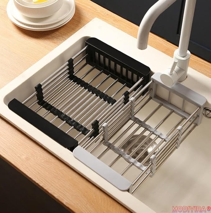 Kitchen Sink Drain Basket Adjustable Over Dish Drying Rack Stainless Steel Drain Basket for Vegetables Fruits Plates Fruits (Silver,Small)