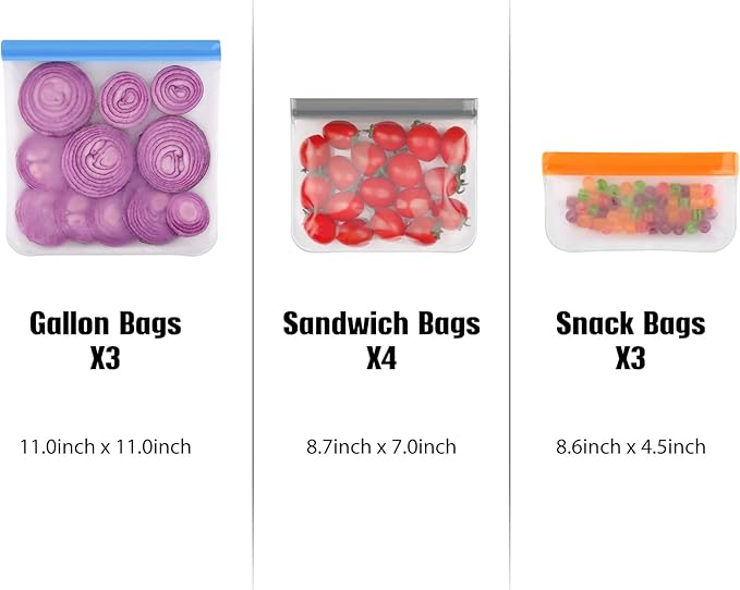 Lerine 18 Pack Dishwasher Safe Reusable Bags, Leakproof Reusable Freezer Bags, BPA Free Food Storage Bags for Lunch Marinate Food Travel (Multicolor, 7 Gallon 7 Sandwich 4 Snack)