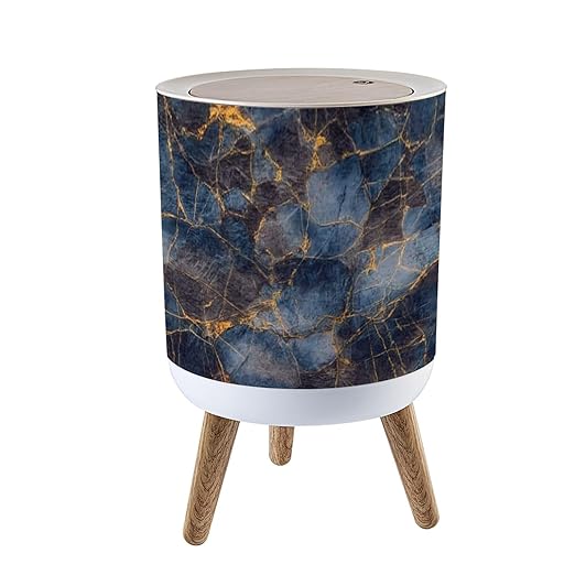 Trash Can with Lid Blue Marble Texture Italian Marble Slab Press Top Round Small Garbage Bin with Wooden Legs Waste Basket for Kitchen Bedroom Nursery 7L/1.8 Gallon