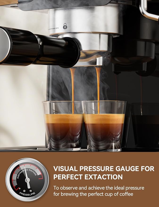 SUMSATY 20 Bar Espresso Machine Retro with Powerful Milk Frother, Black | Visual Pressure Gauge Espresso Coffee Machine 1350W Fast Heating Home Barista for Cappucino Latte Maker, 61oz Water Tank