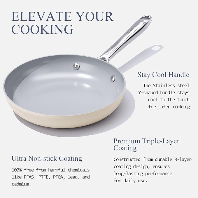 CookinCraze Ceramic Nonstick Cookware Set 8" Fry Pan & 4.5qt Dutch Oven PFAS/PTFE/PFOA Free Even Heat Distribution All Cooktops Compatible Oven Safe to 500°F (Cream)