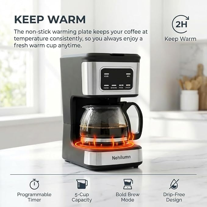 5-Cup Programmable Coffee Maker - Reusable Filter, Clear Water Level Indicator, Auto Shut- Off, Black &Stainless Steel Coffee Pot