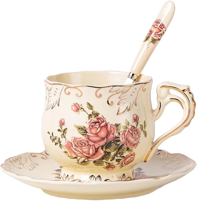 YOLIFE Tea Cup and Saucer Set, 8 oz Tea Cup Set, Teacup, Ceramic Tea Cup with Saucer Spoon, Ivory Vintage Pink Rose Floral with Gold Leaves Trim, Gifts for Women