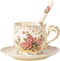 YOLIFE Tea Cup and Saucer Set, 8 oz Tea Cup Set, Teacup, Ceramic Tea Cup with Saucer Spoon, Ivory Vintage Pink Rose Floral with Gold Leaves Trim, Gifts for Women
