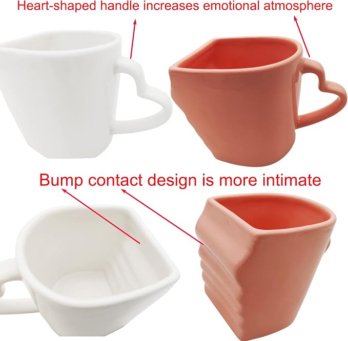 Large Kissing Mugs Set 16oz Kiss Couples Two Coffee Cups with Saucer Love Gifts for Anniversary, Wedding, Valentines, Birthday, Engagement, Lovers Household Tableware White Pink Ceramic