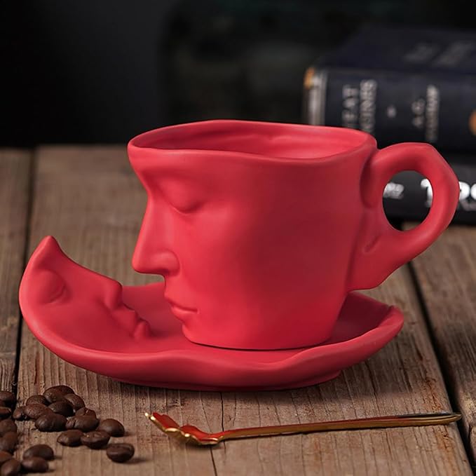 Human Face Ceramic Coffee Mug, 8.8oz/260ml Kissing Coffee Cup with Saucer Coffee Spoon, Tea Cup Milk Latte Espresso Cappuccino Juice Beverage Iced Tea Water Cups Drinkware (Red)