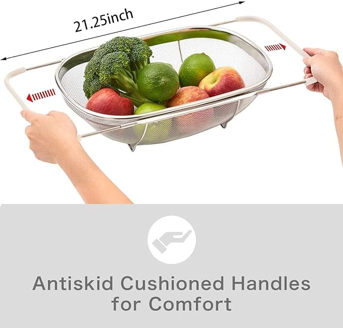 AJIODA Over The Sink Colander, 6 Quarts Stainless Steel Oval Colander with Expandable Rubber Grip Handle, Fine Mesh Strainer Baskets Kitchen Colanders for Strain, Drain, Rinse Vegetable, Fruits, Beige