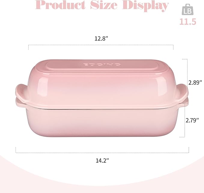 EDGING CASTING Enameled Cast Iron Loaf Pan with Lid, Bread pan, Dutch Oven Bread pan for Homemade Sourdough Bread Baking, 12.5x5.5 inch, 5qt, Pink