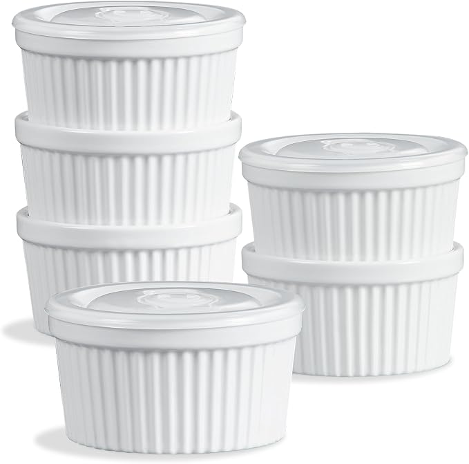 ONEMORE 8 oz Ramekins with Lids, Set of 6 Stackable Ceramic Creme Brulee Souffle Dishes, Oven Safe Pudding Cups with Silicone Covers for Baking, White