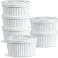 ONEMORE 8 oz Ramekins with Lids, Set of 6 Stackable Ceramic Creme Brulee Souffle Dishes, Oven Safe Pudding Cups with Silicone Covers for Baking, White
