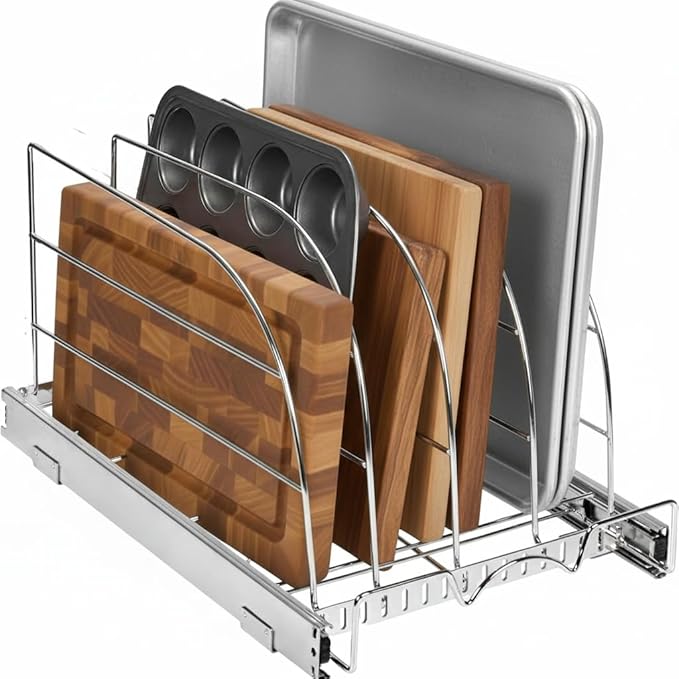 HOLDN’ STORAGE Pull Out Organizer for Bakeware, Cutting Board and Trays, Adjustable Dividers - Heavy Duty, Lifetime Limited Warranty - For Narrow Cabinet Spaces, 14.5”W x 21”D x 11”H, Chrome