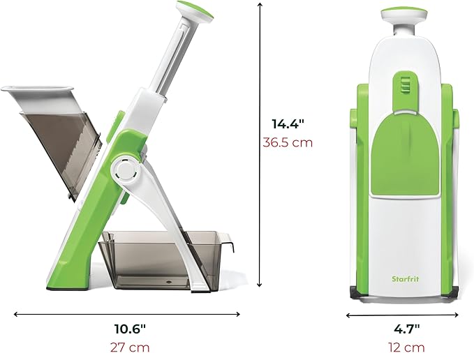 Starfrit Pump'n'Slice - Vertical Mandoline, Food Chopper, Slicer - Precision Adjustable Slicing, Julienne, Dicing - Safe Enclosed Blades, Fold for Storage - High Efficiency Spring Pump - Cleaning Tool