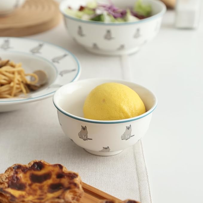 London Pottery 4.5’’ Small Bowl, 10 OZ Porcelain Bowl for Kitchen Dessert Rice Side Dish Snack Soup Fruits Cereal Ice Cream, Microwave & Dishwasher Safe, Easy Clean Stackable (Cat，Rice Bowl,300ml)