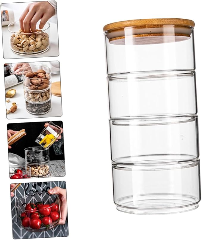 4pcs Multi-functional Glass Storage Jars with Bamboo Lids Stackable Canisters for Food Storage Salad Bowls and Meal Prep Heat Resistant and Versatile