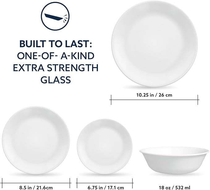 Corelle Vitrelle 8-Piece Service for 2 Dinnerware Set, Triple Layer Glass and Chip Resistant, Lightweight Round Plates and Bowls Set, Winter Frost White