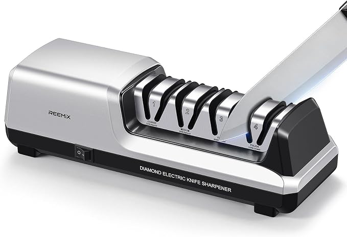 Reemix Electric Knife Sharpener with 4-Stage Sharpening (Repair, Coarse, Medium, Fine & Polish), 20° Fixed Angle, Non-Slip Base & Metal Shavings Collector for Kitchen Knives (Sliver)