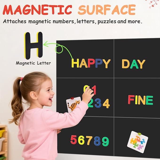 Magnetic Chalkboard Wall Decal Black Set of 6 Peel and Stick Magnet Sheets with Tangram Puzzle and Multiple Accessories Magnetic Chalkboard for Home Playroom and Classroom