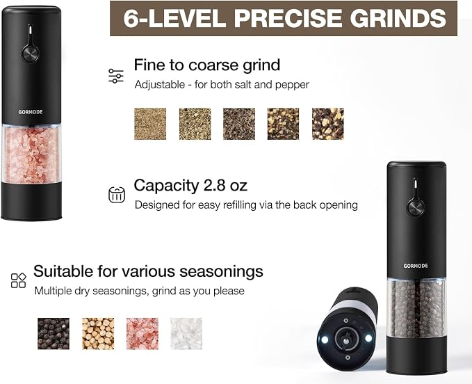 Black Stainless Steel Electric Salt and Pepper Grinder Set with Dust Cover – Rechargeable Automatic Pepper Mill, LED Light, Adjustable Coarseness (2 Pack)