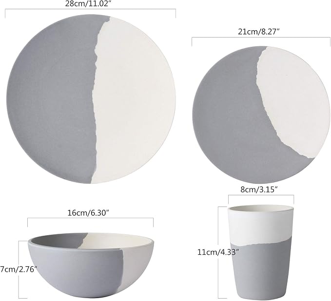 MORGIANA 8 pcs Bamboo Dinnerware Set Plates Bowls Sets, Camping Picnic Dishes Tableware Set for 2 (Grey & White)