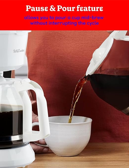 Betty Crocker 12-Cup Drip Coffee Maker with Heat Resistant Glass Carafe, Removable Permanent Nylon Filter, Pause & Pour, Water Level Gauge, Non-Stick Warming Plate, BC-5729W, White