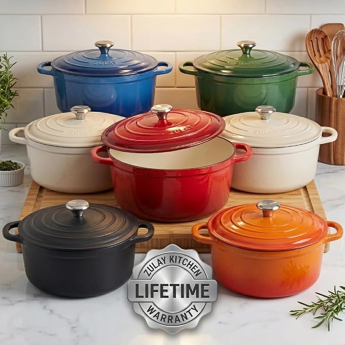 Zulay Kitchen 7.7 Quart Enameled Cast Iron Dutch Oven Pot with Lid – Premium Durability & Oven Safe up to 500°F – Heavy Duty Cookware Perfect for Bread Baking, Stews, Braising & Roasting – Orange