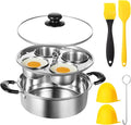Egg Poacher Pan Nonstick 4 Eggs, Poached Egg Cooker, Poached Egg Pan, Stainless Steel Egg Poacher, Includes Stainless Steel Pot, 4 Cups, Silicone Brush & Spatula, Suitable for Multiple Stove Types (without coating)