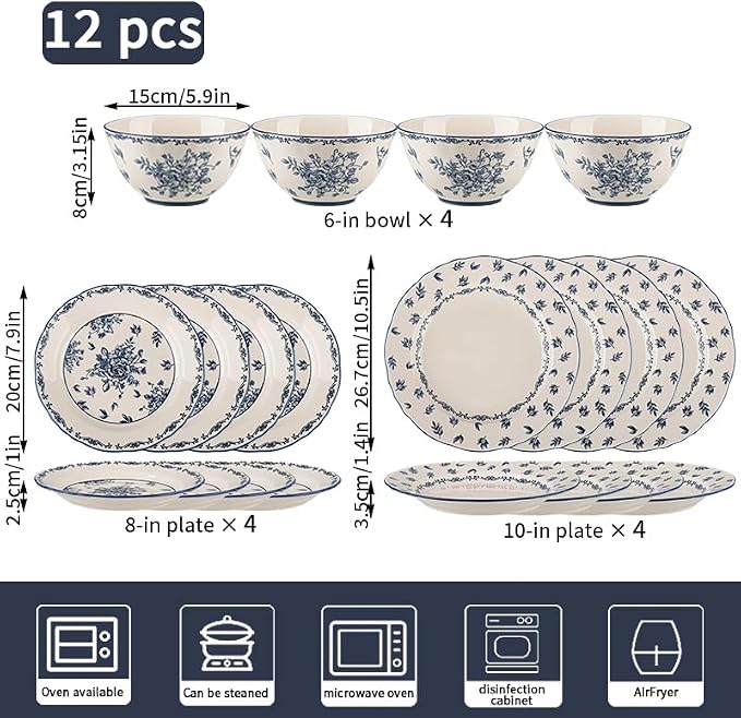 12-Piece Vintage Blue Floral Ceramic Dinnerware Set, Service for 4, Microwave & Oven Safe Plates and Bowls, Porcelain Dish Set for Daily Use