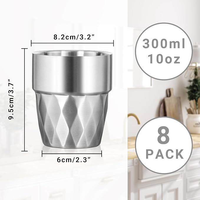 Metal Glasses, 10 oz Insulated Tumbler, 8 Pack Double Wall Unbreakable Stackable Insulated Stainless Steel Cups Premium Drinking Water Tumblers for Travel Camping Home Outdoor