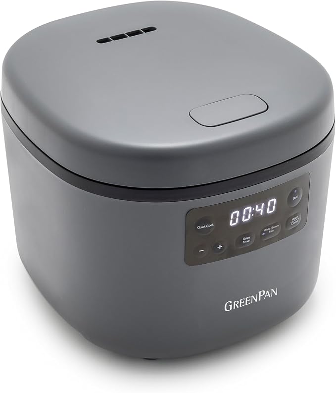 GreenPan Advanced Rice Cooker, 4-Cups Uncooked/8-Cups Cooked, Removable Nonstick Ceramic PFAS-Free Pot, White & Brown Rice, Family Sized, Quick Cook in 25mins, 6 Presets, Fuzzy Logic Tech, Graphite