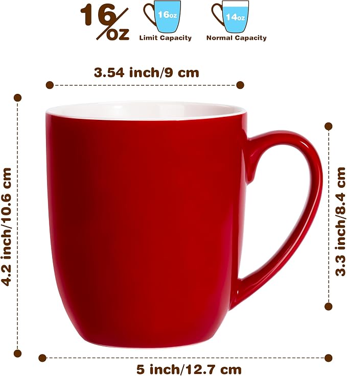 Urbanstrive 16 oz Large Coffee Mugs Set of 6 Ceramic Coffee Mug White Coffee Cups Tea Cups Idea Gift for Women Men House Warming Gifts New Home Office, Red 6 Pack