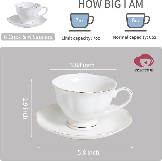 White Ceramic Tea Cup and Saucer Set of 6 (12-Piece) - 6oz Elegant Porcelain Cups with Gold Rim, 6 Cups & 6 Saucers for Tea Party