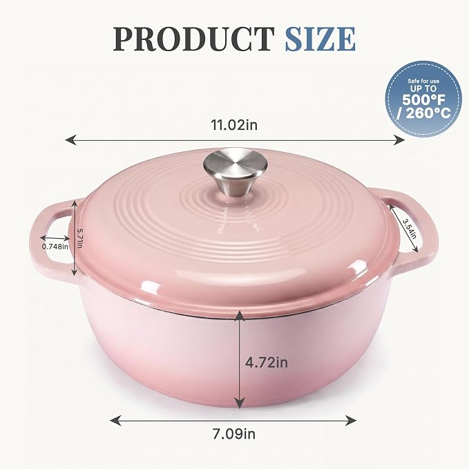 DUMOS Cast Iron Dutch Oven, 6 Quart Pot with Lid, Enameled Heavy Duty Cookware, Oven Safe to 500°F, Perfect for Bread Baking, Braising, Stews and Roasting, Moisture Sealing Lid with Dual Handles, Gradient Pink
