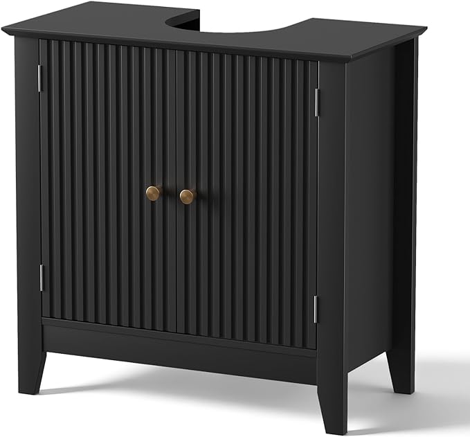 Under Sink Bathroom Cabinet with U-Shape Cutout for Pedestal Sink, Storage Cabinet with 2 Doors, Adjustable Shelf, Freestanding Floor Cabinet, Space-Saving Organizer for Bathroom (Black)