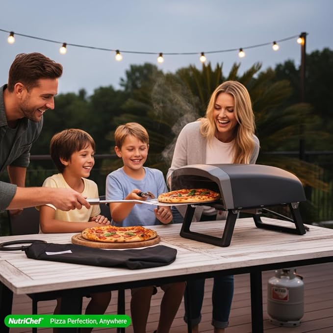 Nutrichef Outdoor Pizza Oven - Manual 360° Rotating Pizza Stone - Adjustable Heat - Includes Pizza Peel, Pizza Cutter, Stone, Cover, & Hose - Cook 12" Pizza in 60 Seconds - Long Handle