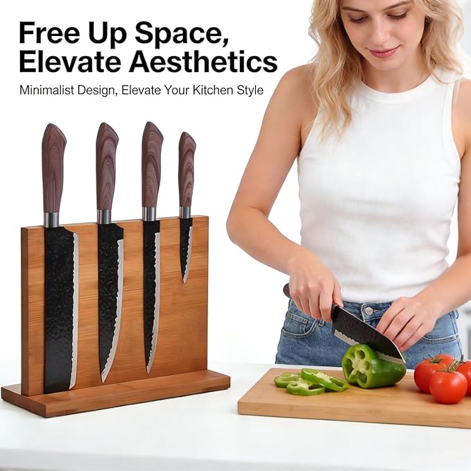 Bamboo magnetic knife holder - Double-Sided magnetic knife block with Strong Magnets, Space-Saving knife magnetic strip for Kitchen Countertop, Multipurpose knife organizer