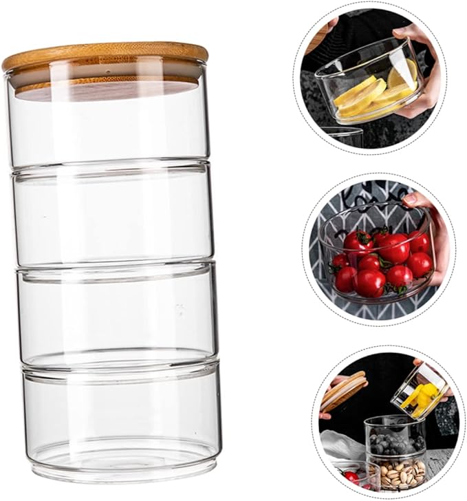 4pcs Multi-functional Glass Storage Jars with Bamboo Lids Stackable Canisters for Food Storage Salad Bowls and Meal Prep Heat Resistant and Versatile