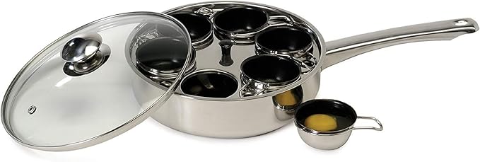 EXCELSTEEL Non Stick Easy Use Rust Resistant Home Kitchen Breakfast Brunch Induction Cooktop Egg Poacher, 6 Cup, Stainless Steel, Round