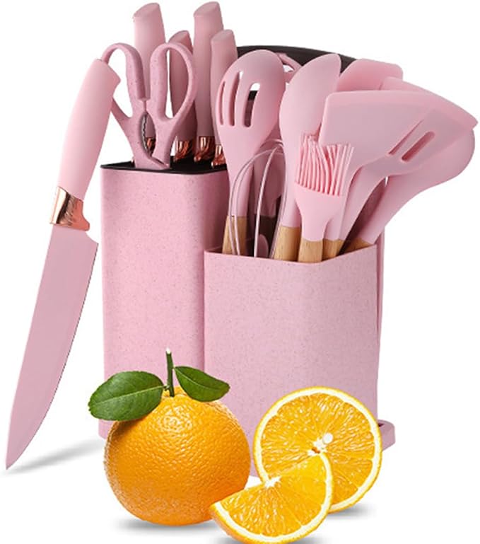 19 Pcs Kitchen Cooking Utensils and Knife Set with Block, with 11 Piece Silicone Cooking Utensils Set 5 Pcs Sharp Stainless Steel Chef Knives Scissors Whisk Tongs and Cutting Board (Cherry Pink)