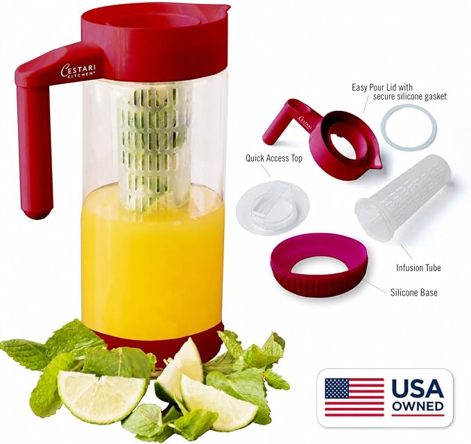 Glass Water Infusion Pitcher | BPA Free Fruit Infuser | Premium Borosilcate Glass for Hot and Cold Liquids | Infuse Iced Tea, Coffee, Water, Juice, Vodka, Tequila - Cestari Infuser, Red 44 ounces