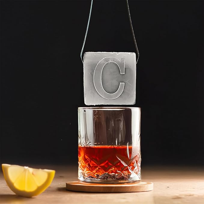 Monogrammed Ice Cubes Mold with Lid, 2 inch Whiskey Ice Cube Tray, Personalized Initials Silicone Cocktail Ice Cube Mold, Wedding Monogram, Thank You Gift, Gifts for Dad (Letter C)