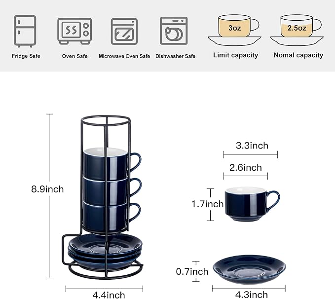 YOLIFE 2.5oz Espresso Cups Set of 4, Porcelain Stackable Espresso Cups with Saucers and Metal Stand, Expresso Shots Cup-Blue